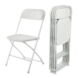 Guests seated on black and white vinyl folding chairs at an event